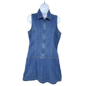Vintage 90s Xhilaration Denim Zip Front Mini Dress Drop Waist Sleeveless Large